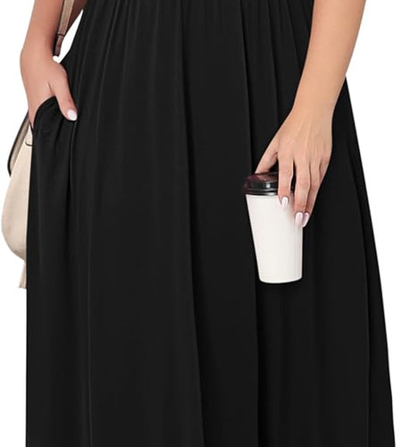 Women'S plus Size Short Sleeve Loose Plain Casual Long Maxi Dresses with Pockets