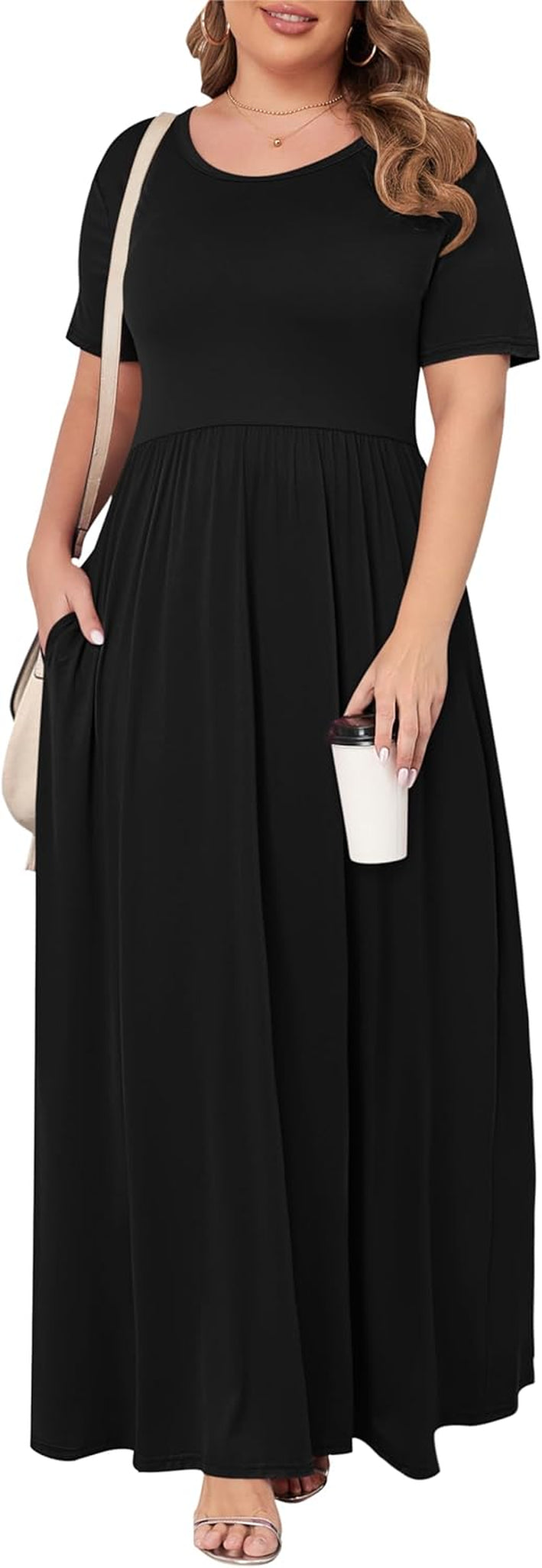 Women'S plus Size Short Sleeve Loose Plain Casual Long Maxi Dresses with Pockets