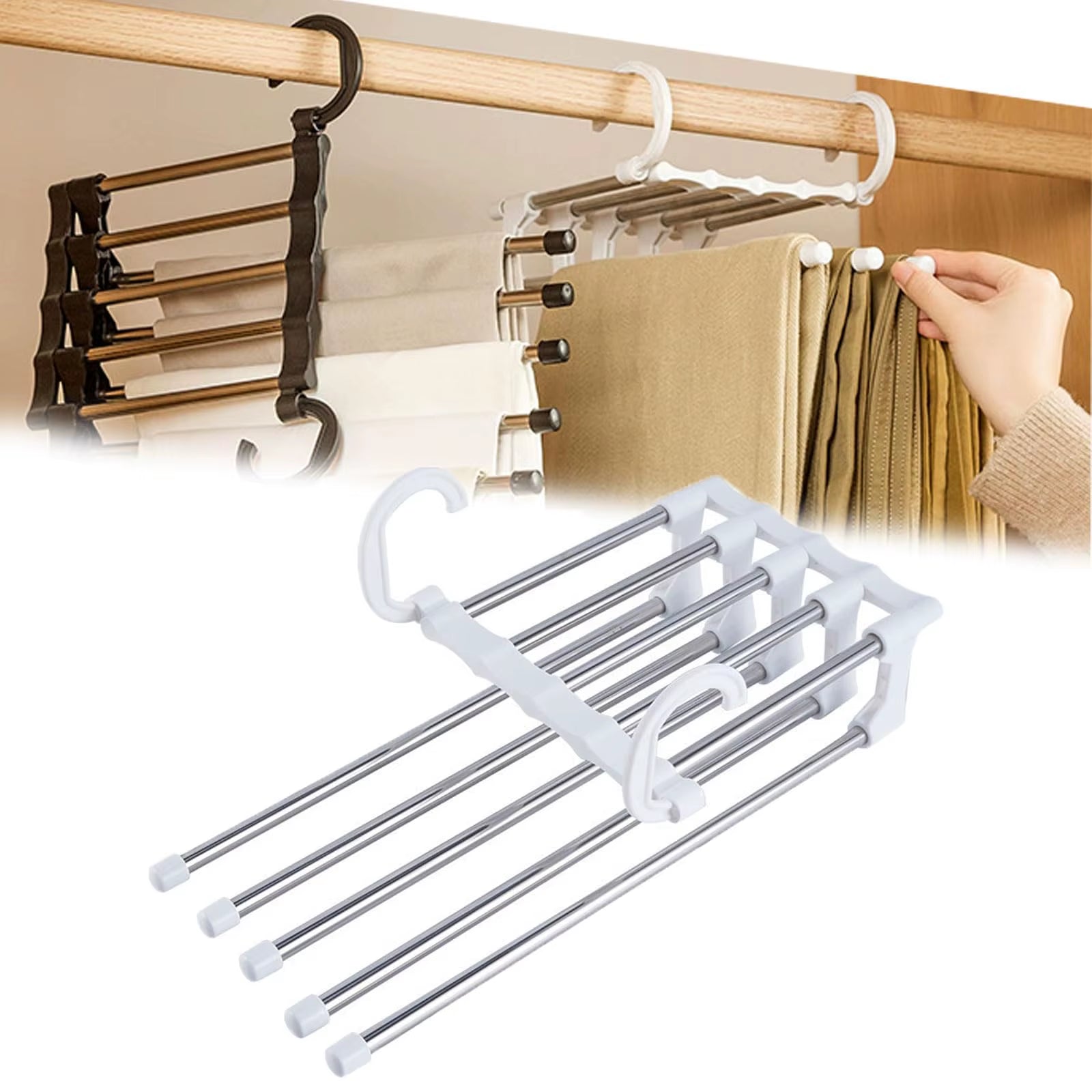 5 in 1 Magic Trouser Rack Hangers Stainless Steel Folding Pant Rack Tie Hanger Shelves Bedroom Closet Organizer Wardrobe Storage