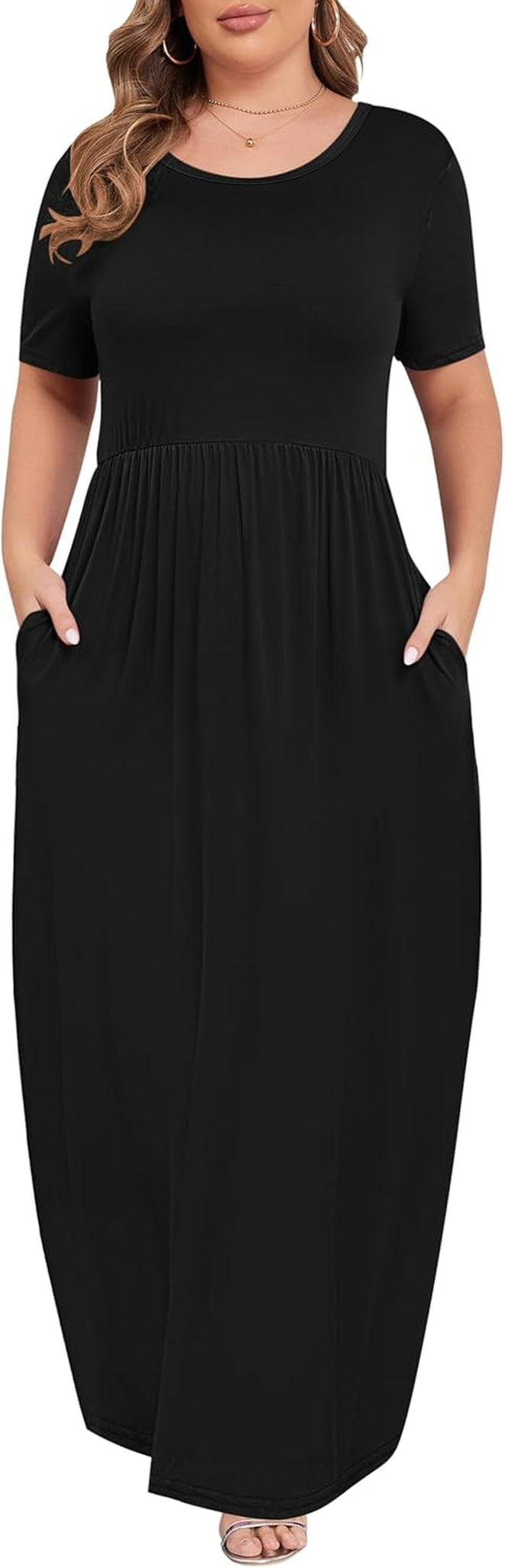 Women'S plus Size Short Sleeve Loose Plain Casual Long Maxi Dresses with Pockets