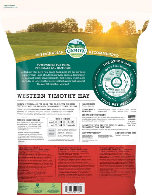 Load image into Gallery viewer, Animal Health Western Timothy Hay - All Natural Hay for Rabbits, Guinea Pigs, Chinchillas, Hamsters &amp; Gerbils -Veterinarian Recommended- Grown in the USA-90 Oz.
