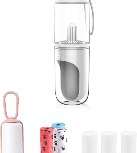 Portable Dog Pet Travel Water Bottle Leak-Proof Drinking Cat Cup with 3PCS PP Conton Filter & Pet Dog Poop Bag Dispenser with 3 Rolls Waste Bags for Pets Outdoor Walking Hiking Travel (White)