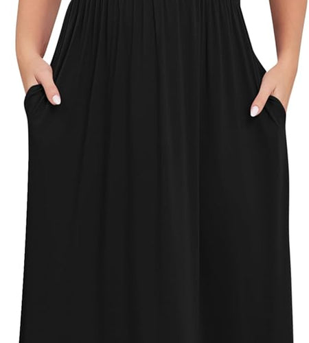 Women'S plus Size Short Sleeve Loose Plain Casual Long Maxi Dresses with Pockets