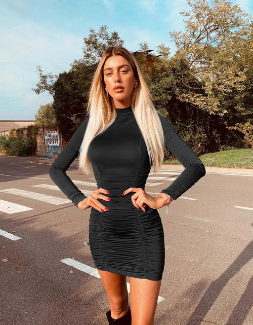 Load image into Gallery viewer, Women'S Sexy Stand Neck Bodycon Long Sleeve Ruched Club Party Mini Dress
